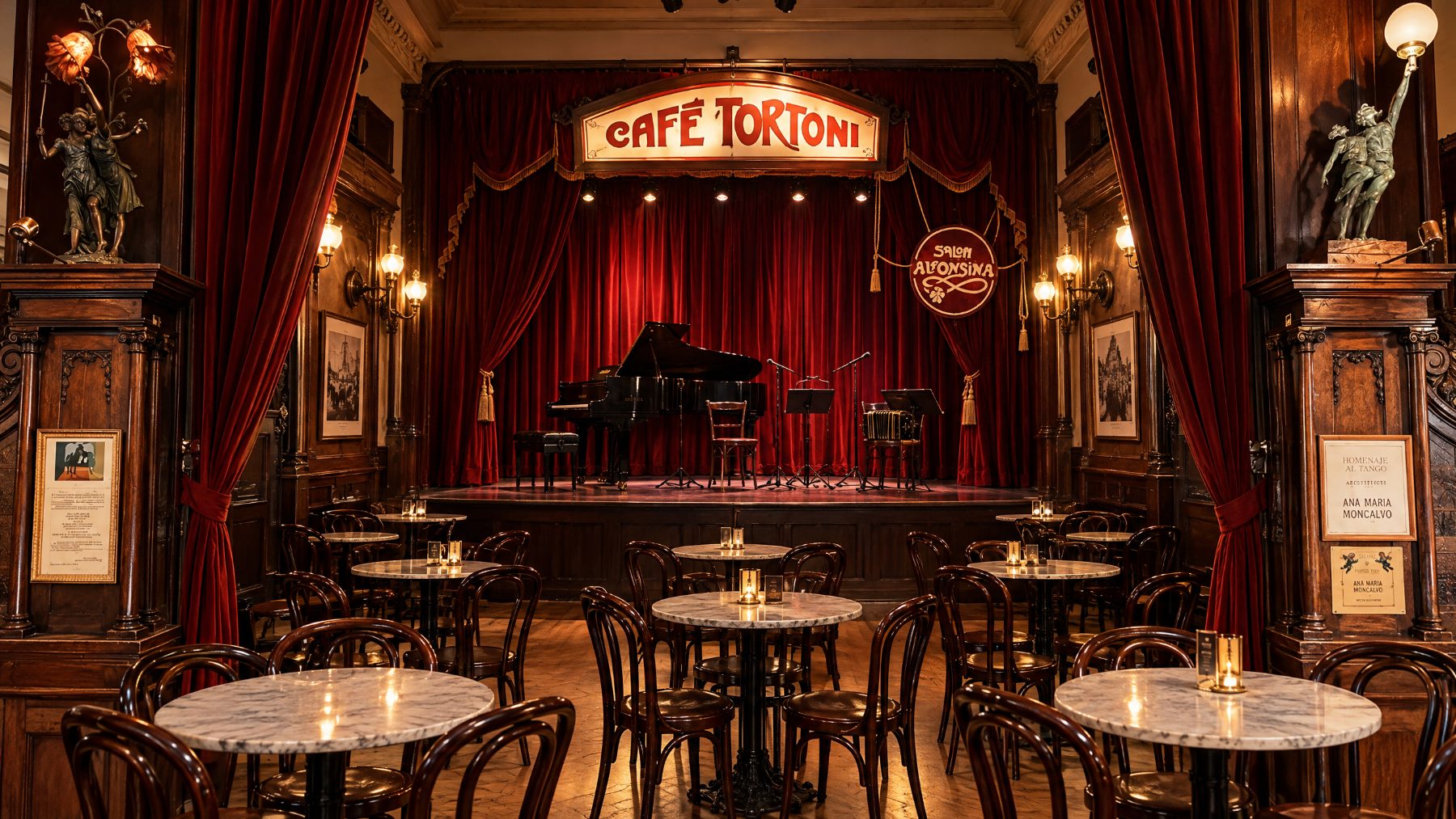 Sala Alfonsina Storni, con el escenario y el cartel del café